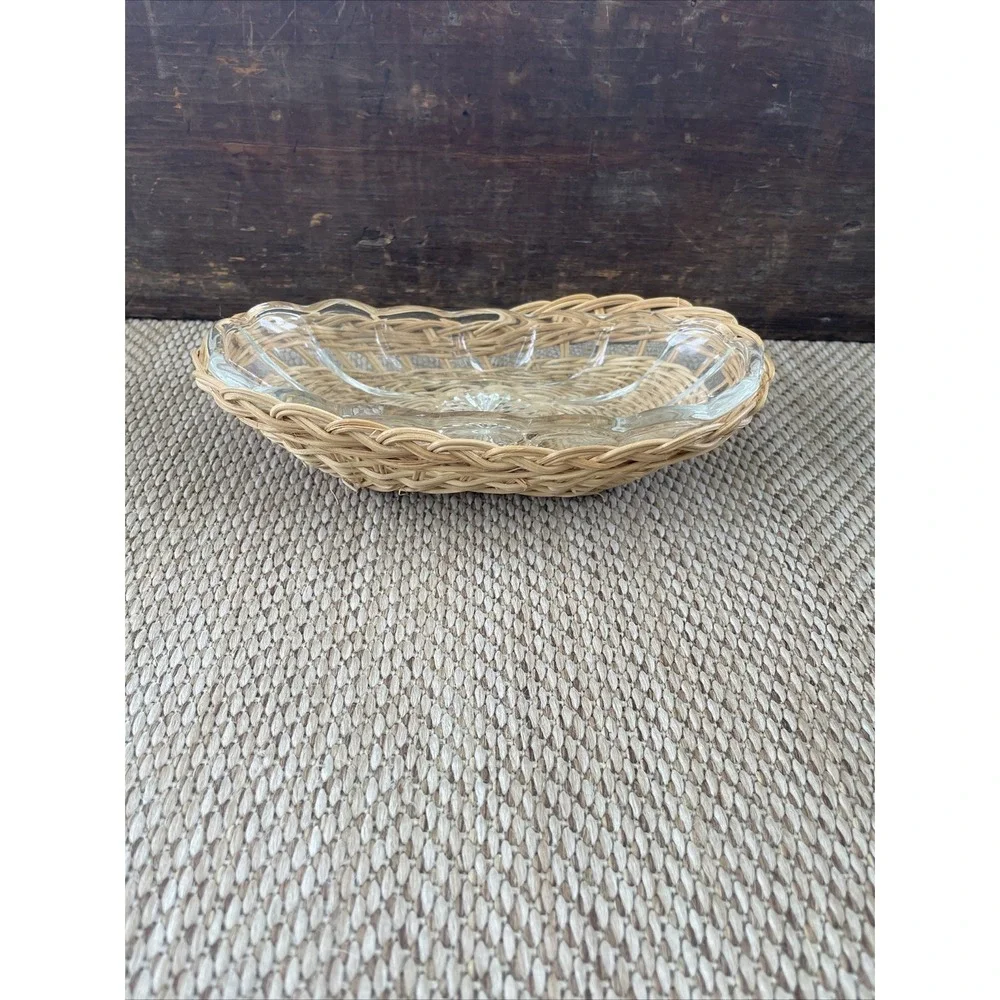 Vtg Cottage Corn Butter Trinket Dish Impressed Glass With Wicker Base